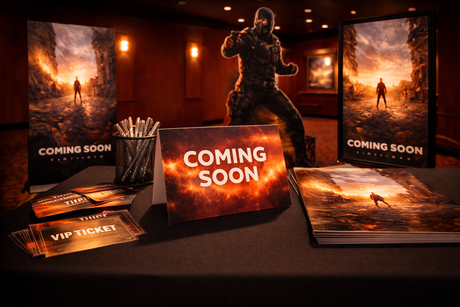 Cinema marketing materials display including posters, standee and tent card in theatre foyer