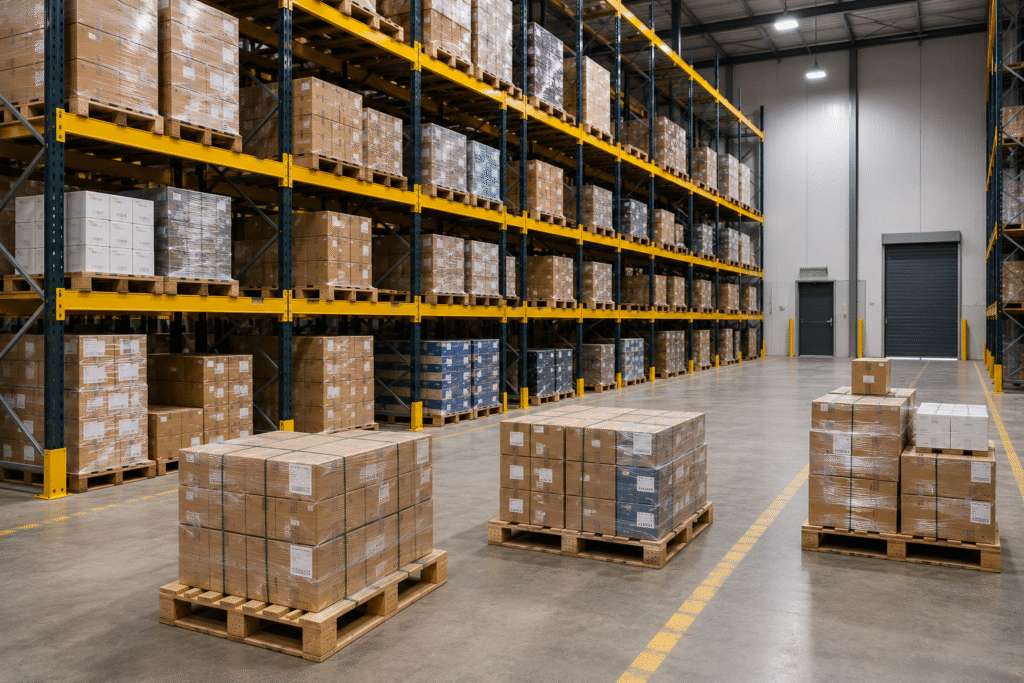 Pallet storage and handling within a warehouse distribution facility